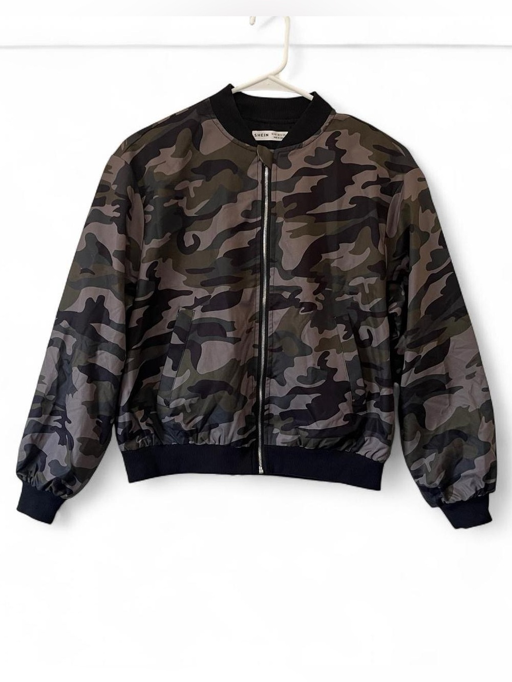 Girls Large Bomber Jacket Green Camo Full Zip Up Flight Jacket Ribbed Hem SHEIN